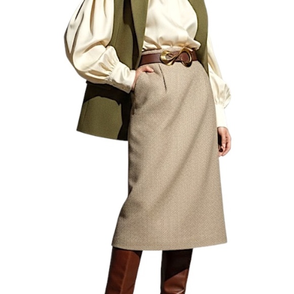 Vintage 80s 90s wool blend beige tan tweed a line old money midi wrap skirt 12 - Picture 1 of 14
